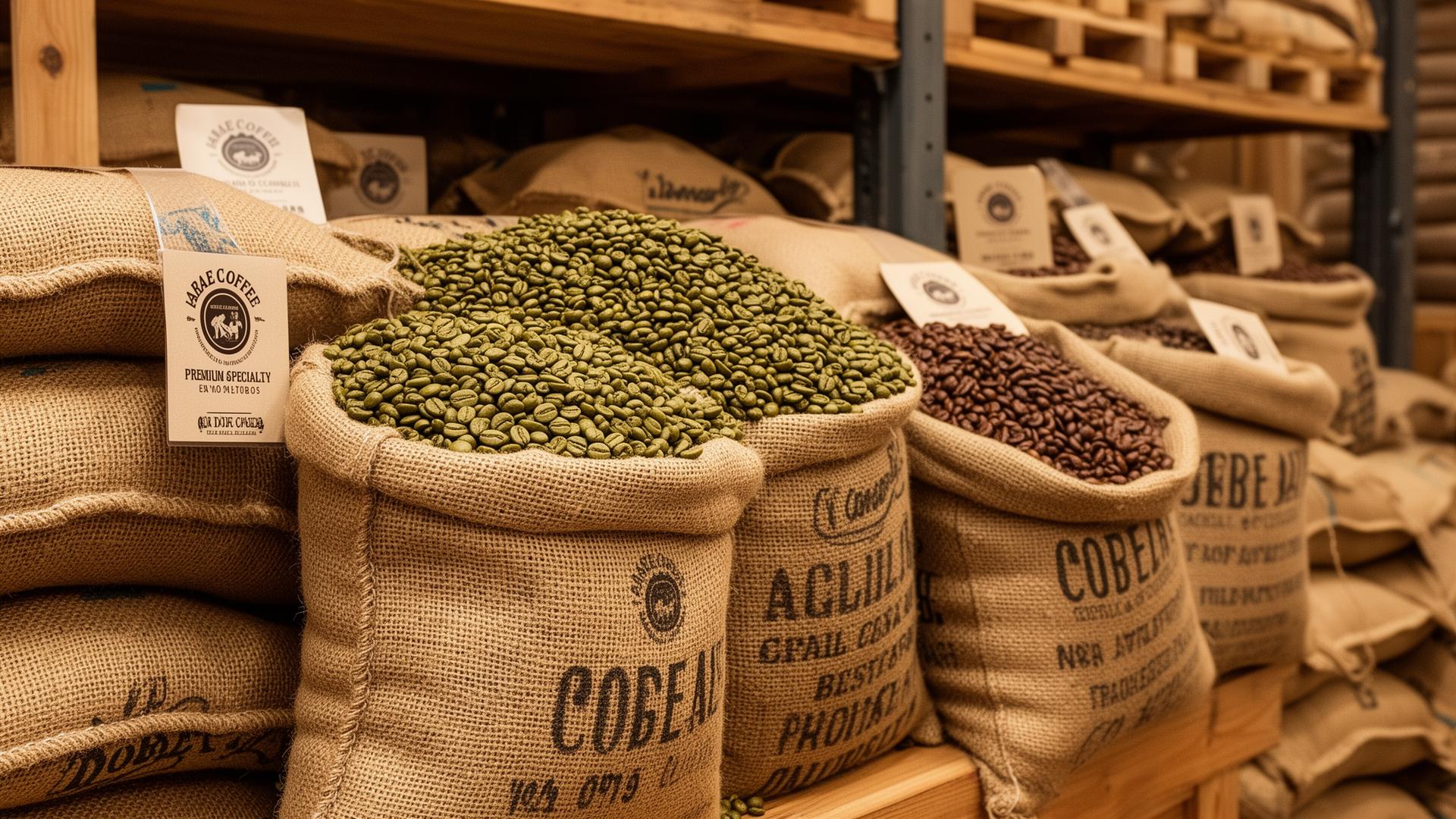 Burlap sacks of green and roasted specialty coffee beans in a wholesale warehouse