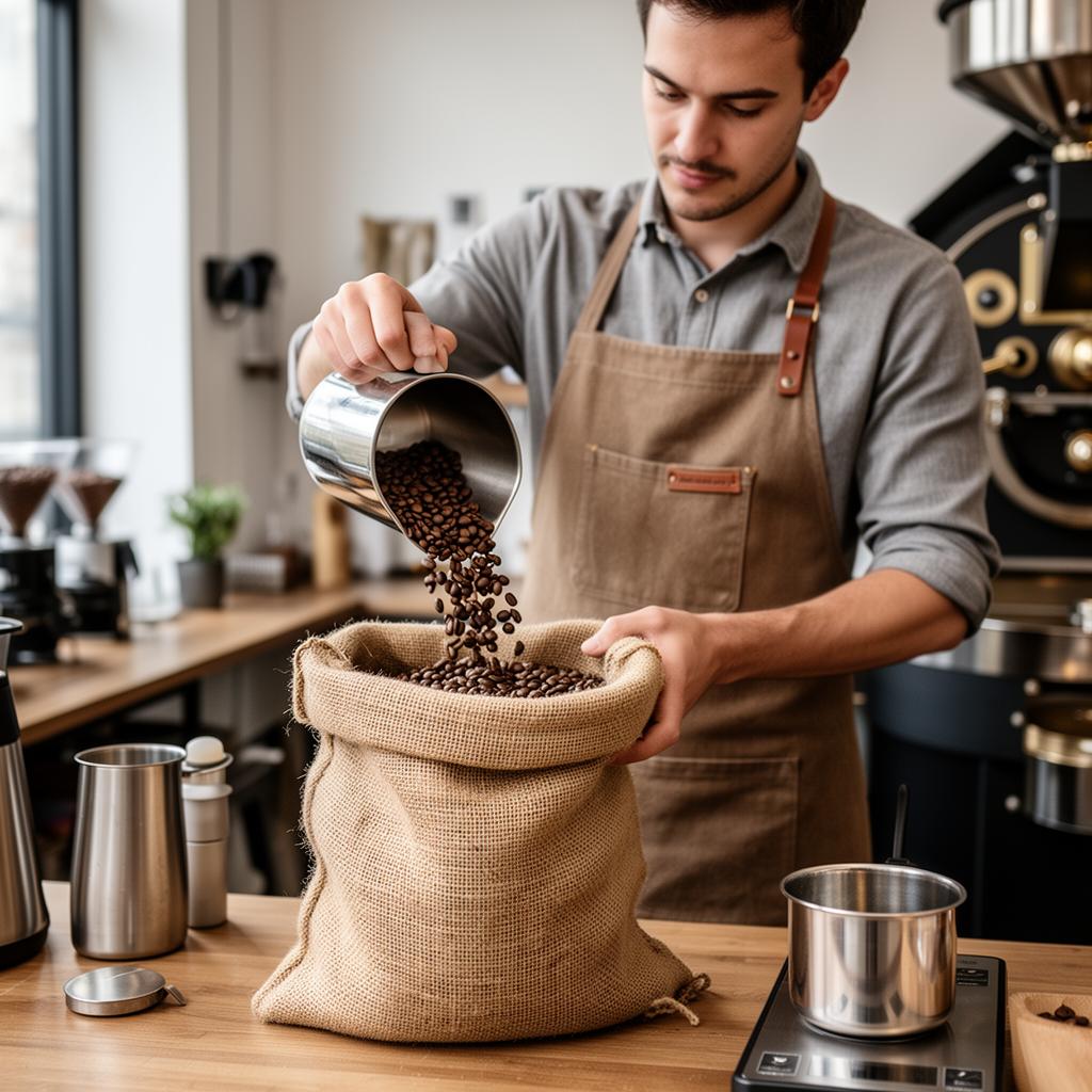 Specialty coffee roaster pouring freshly roasted beans into a burlap bag
